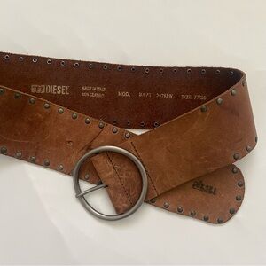 Vintage 2000s Diesel Tan Leather Belt with Round Silver Buckle